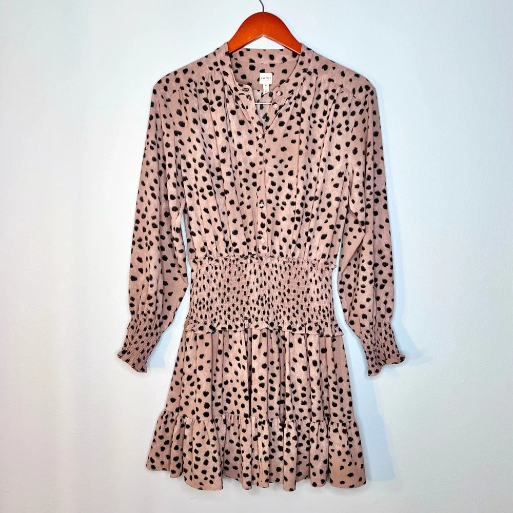 Rebecca Taylor La Vie Le Faune Mini Dress Sz M Smock Cheetah Print Long Sleeve